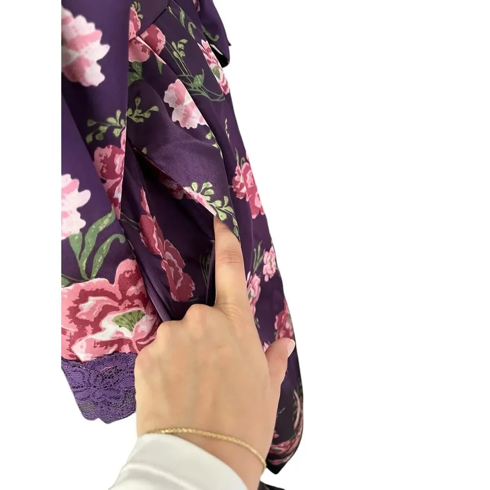 Amoureuse Peignoir Purple Floral Robe Belted Lace Liquid Satin Lounge Medium